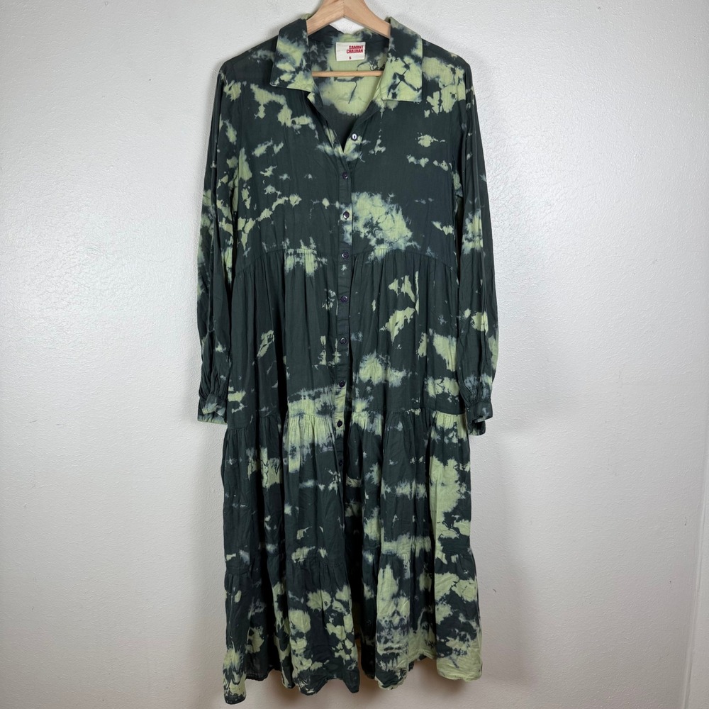 Samant Chauhan Green Tie Dye Cotton Tiered Button Down Midi Dress Pockets Small